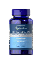Puritan's Pride Ultra Woman Collagen Support supplement bottle, 90 rapid release capsules for skin health.