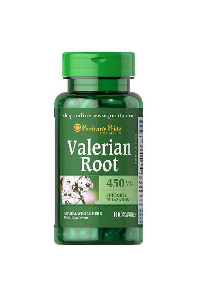 Puritan's Pride Valerian Root 450 mg supplement bottle with 100 capsules, supports relaxation and stress relief.