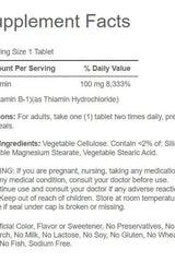 Supplement Facts for Puritan's Pride Vitamin B-1 100mg tablets, including ingredients and daily values.