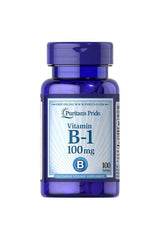 Puritan's Pride Vitamin B-1 100mg supplement bottle containing 100 tablets for energy support.