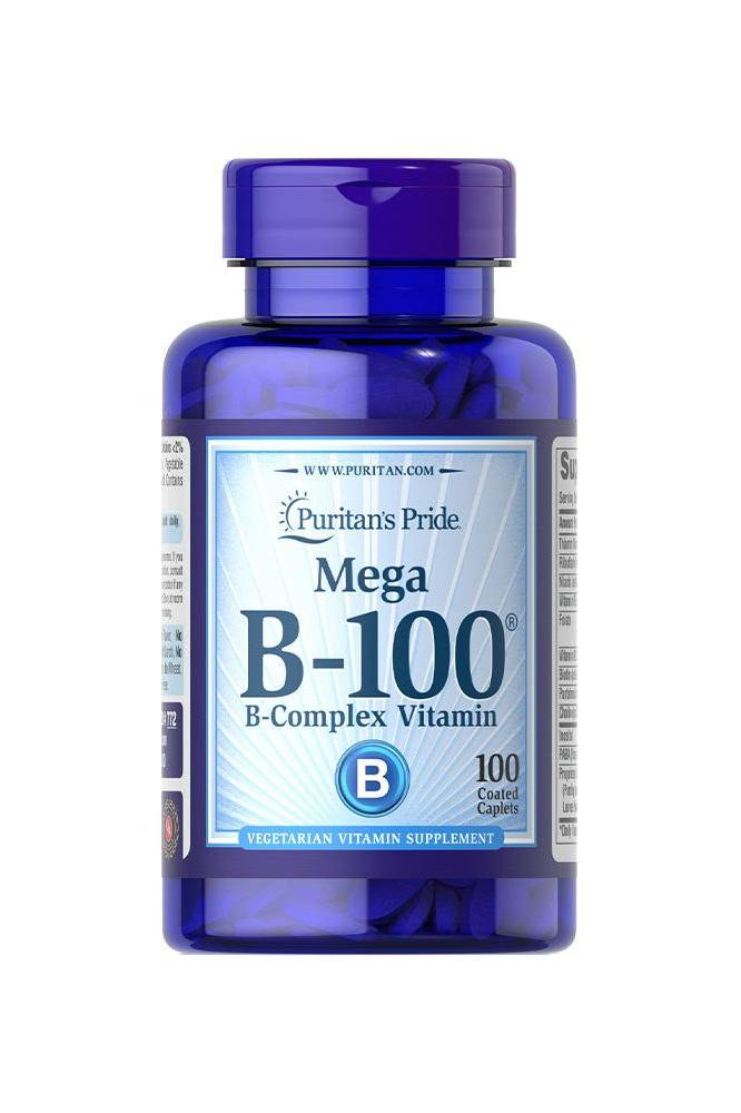 Puritan's Pride Mega B-100® Complex Vitamin bottle with 100 caplets for energy metabolism and nervous system support.