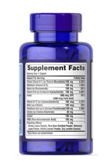 Puritan's Pride Vitamin B-100 Complex supplement facts label showing nutritional information and ingredients on a blue bottle.