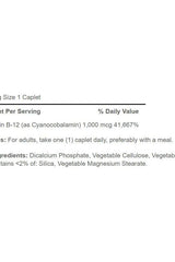Supplement facts for Puritan's Pride Vitamin B-12 1000 mcg Timed Release caplets, showing ingredients and serving size.