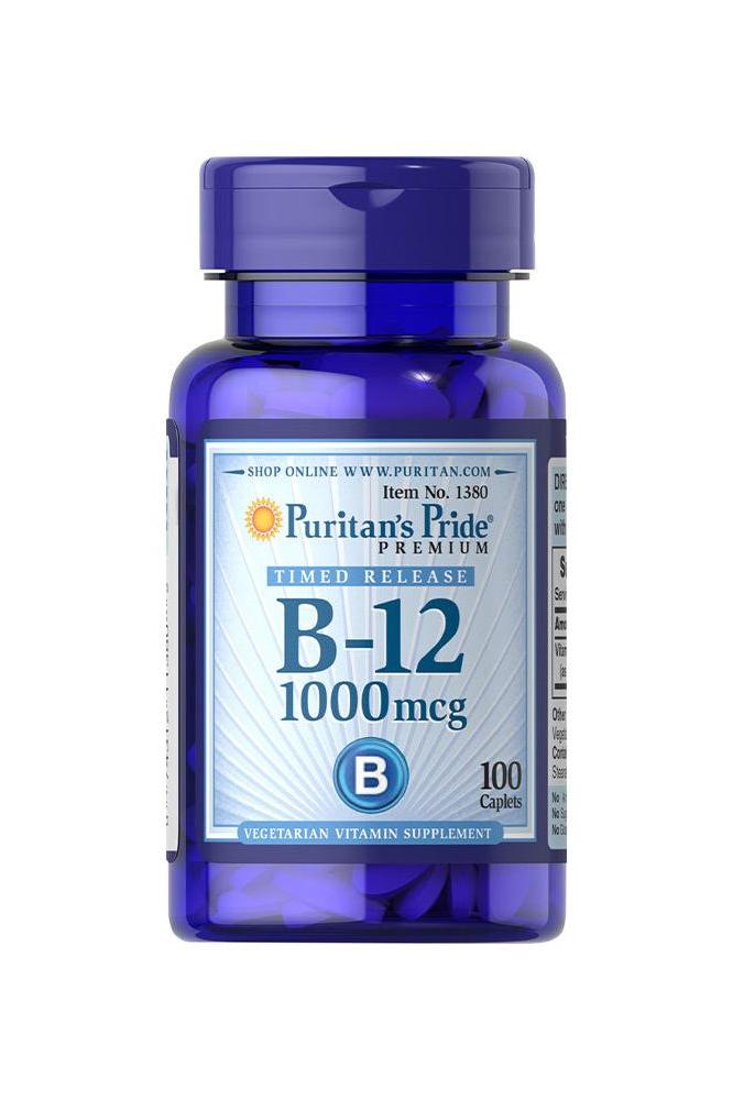 Puritan's Pride Vitamin B-12 1000 mcg Timed Release caplets bottle for energy and heart health support.