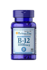 Puritan's Pride Vitamin B-12 1000 mcg Timed Release caplets bottle for energy and heart health support.