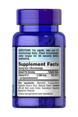 Puritan's Pride Vitamin B-12 2500 mcg sublingual lozenges in blue bottle with supplement facts label.