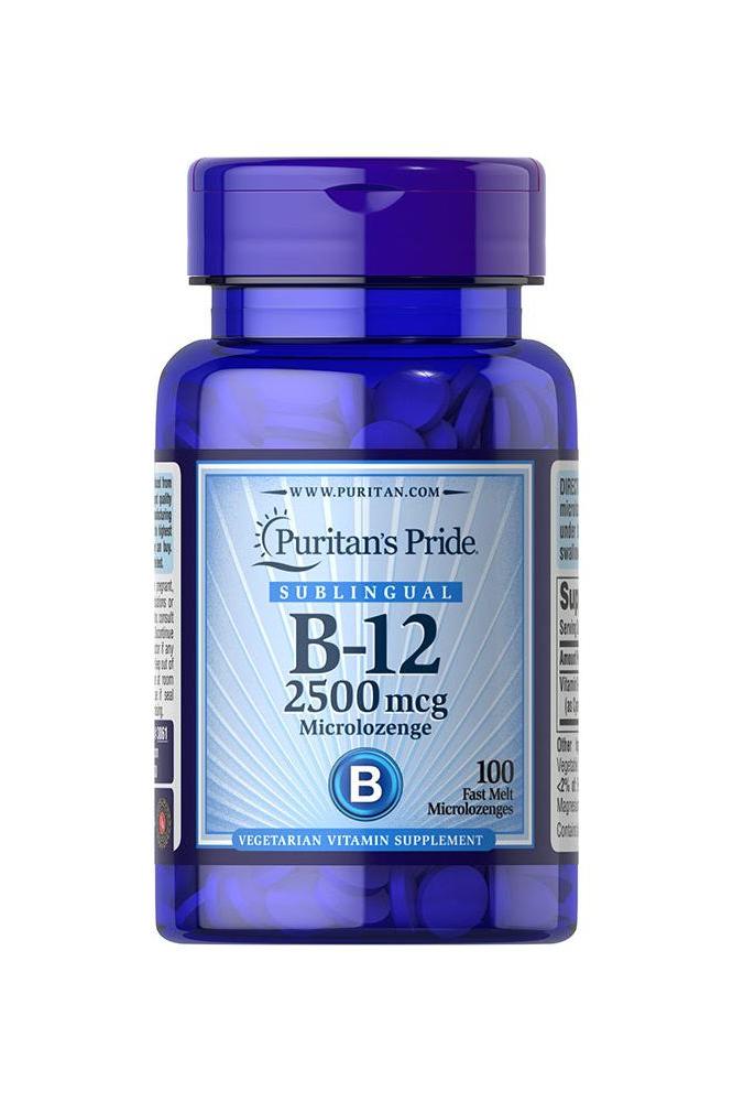 Puritan's Pride B-12 2500 mcg sublingual lozenges bottle, 100 vegetarian supplements for energy metabolism and nerve health.