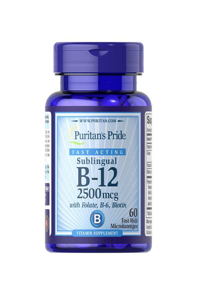 Puritan's Pride Vitamin B-12 2500 mcg with Folate and B-6, 60 microlozenges for energy support.