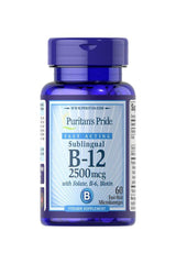 Puritan's Pride Vitamin B-12 2500 mcg with Folate and B-6, 60 microlozenges for energy support.