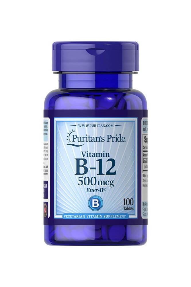 Puritan's Pride Vitamin B-12 500 mcg supplement bottle, supports energy metabolism and nerve health, 100 tablets.