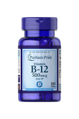 Puritan's Pride Vitamin B-12 500 mcg supplement bottle, supports energy metabolism and nerve health, 100 tablets.
