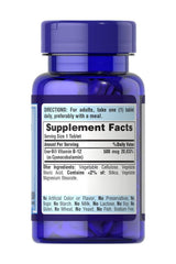 Puritan's Pride Vitamin B-12 500 mcg supplement bottle displaying nutrition facts and usage directions.