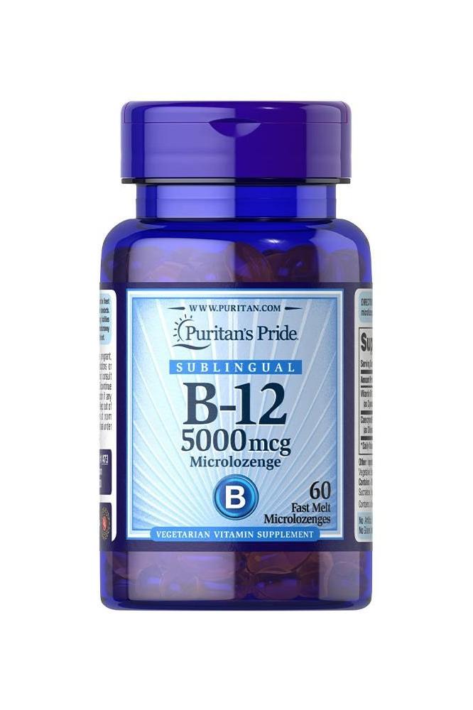 Puritan's Pride Vitamin B-12 5000 mcg sublingual microlozenges, 60 count bottle for energy metabolism support.