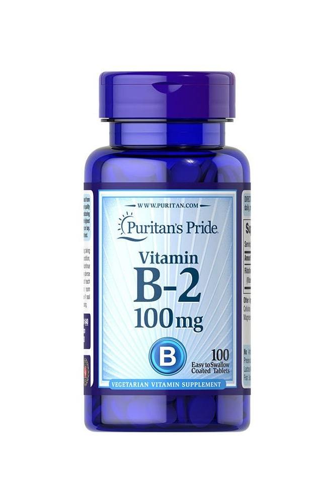 Puritan's Pride Vitamin B-2 100mg supplement bottle, 100 vegetarian tablets for energy production.