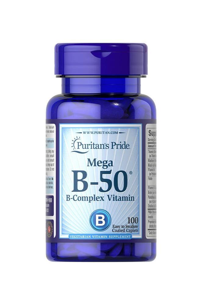Puritan's Pride Mega B-50 Complex Vitamin, 100 coated caplets for energy metabolism and nerve health.