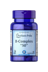Puritan's Pride B-Complex 50 mg vitamin supplement in blue bottle with 50 vegetarian capsules.