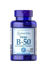 Puritan's Pride Mega B-50 Complex Vitamin bottle, 100 rapid release capsules for energy and metabolic support.