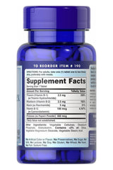 Puritan's Pride Vitamin B-Complex and B-12 supplement facts label on blue bottle, supports nerve health and energy metabolism.