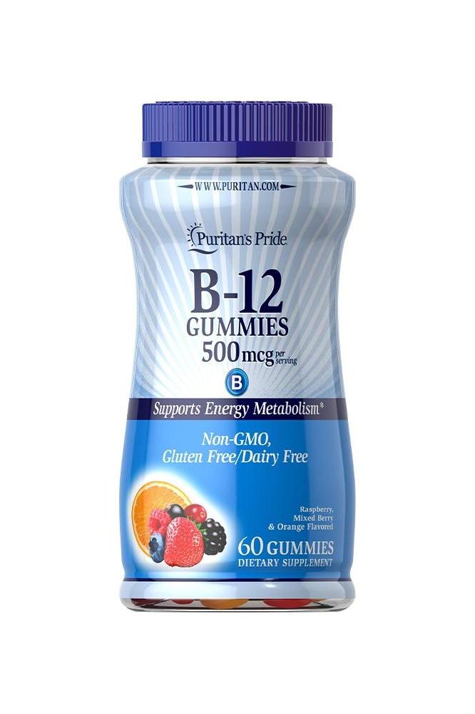Puritan's Pride Vitamin B12 Gummies 500 mcg, 60 count, supports energy metabolism, non-GMO, gluten and dairy free.