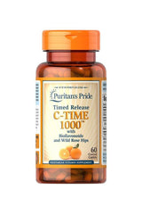 Puritan's Pride Vitamin C-1000 mg with Rose Hips, 60 coated capsules in a brown bottle.