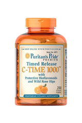 Puritan's Pride Vitamin C-1000 mg with Rose Hips Timed Release, 250 vegetarian caplets, supports antioxidant protection.
