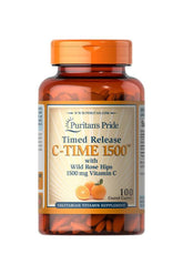 Puritan's Pride C-Time 1500 mg Vitamin C with Rose Hips - 100 caplets in a clear bottle for immune support.