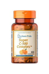 Puritan's Pride Super C-500 Complex vitamin C capsules in an orange bottle, supports immune health and antioxidants.