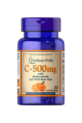Puritan's Pride C-500 mg Vitamin with Bioflavonoids and Rose Hips, 30 coated caplets in blue bottle.