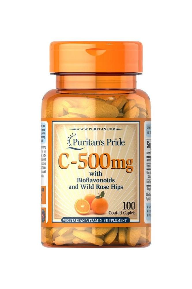 Puritan's Pride Vitamin C 500 mg with Bioflavonoids and Rose Hips, 100 caplets for immune support and antioxidant benefits.