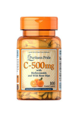 Puritan's Pride Vitamin C 500 mg with Bioflavonoids and Rose Hips, 100 caplets for immune support and antioxidant benefits.