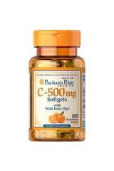 Puritan's Pride Vitamin C-500 mg with Rose Hips supplement bottle, 100 softgels, supports immune health and wellbeing.