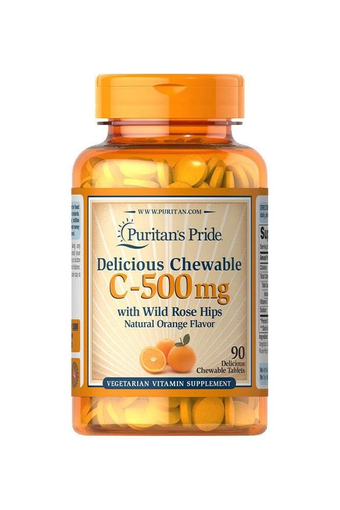 Puritan's Pride Vitamin C-500 mg with Rose Hips, 90 chewable tablets in orange flavor.