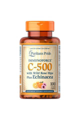 Puritan's Pride C-500 Vitamin with Rose Hips and Echinacea, 100 caplets for immune support.