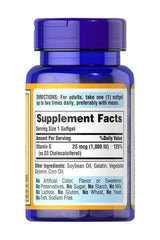 Puritan's Pride Vitamin D3 1000 IU softgel bottle with supplement facts label