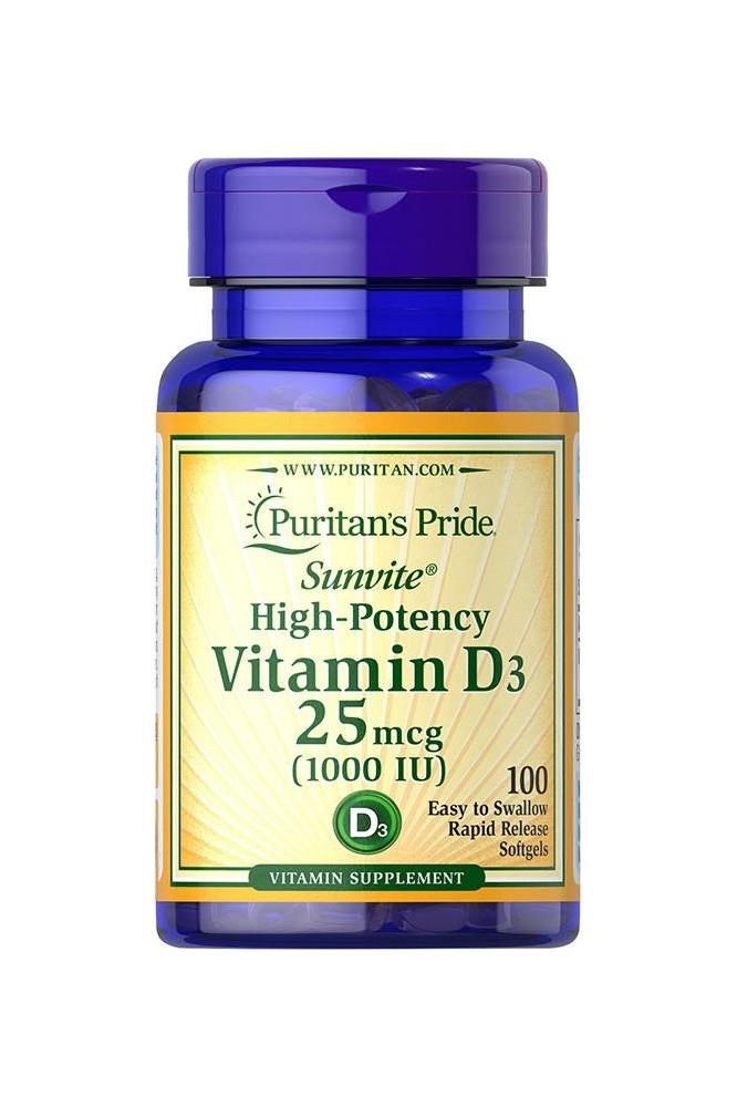 Puritan's Pride Vitamin D3 1000 IU softgels for healthy bones and immune support, 100 count bottle.