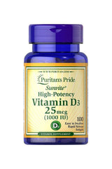 Puritan's Pride Vitamin D3 1000 IU softgels for healthy bones and immune support, 100 count bottle.