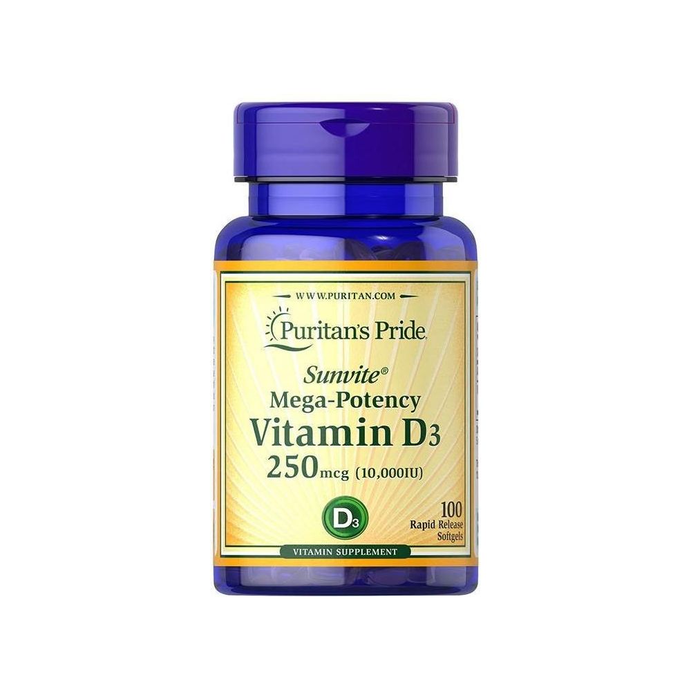 Puritan's Pride Vitamin D3 10,000 IU supplement bottle with 100 softgels for strong bones and immune support.