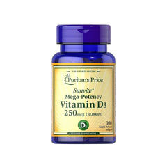 Puritan's Pride Vitamin D3 10,000 IU supplement bottle with 100 softgels for strong bones and immune support.