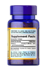 Puritan's Pride Vitamin D3 25mcg 1000 IU supplement bottle with label displaying serving facts and ingredients.