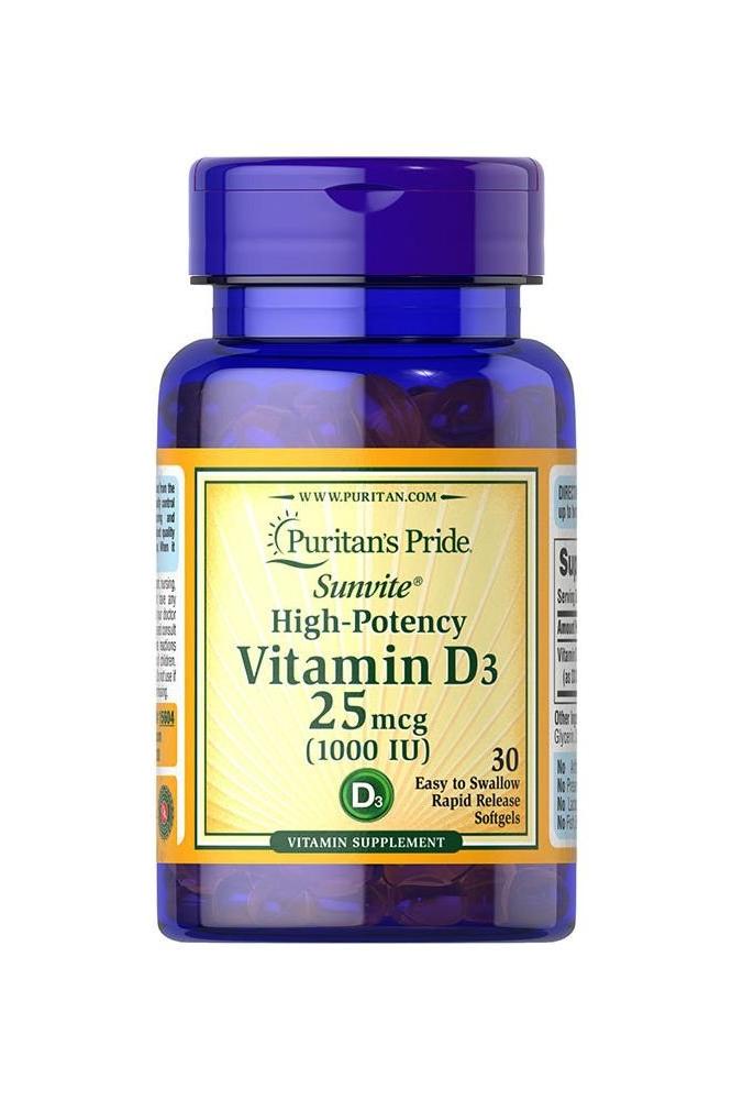 Puritan's Pride Vitamin D3 25mcg 1000 IU supplement bottle for immune support and bone health.