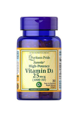 Puritan's Pride Vitamin D3 25mcg 1000 IU supplement bottle for immune support and bone health.