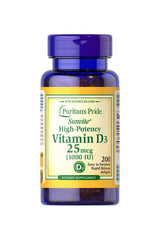 Puritan's Pride Vitamin D3 25mcg 1000 IU supplement bottle for immune and bone health support.