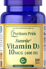 Puritan's Pride Vitamin D3 400IU supplement bottle, 100 tablets, supports bone health and immune function.