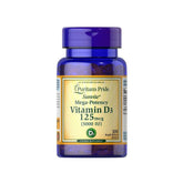 Puritan's Pride Vitamin D3 5000 IU supplement bottle, 100 rapid-release softgels for bone health and immunity.
