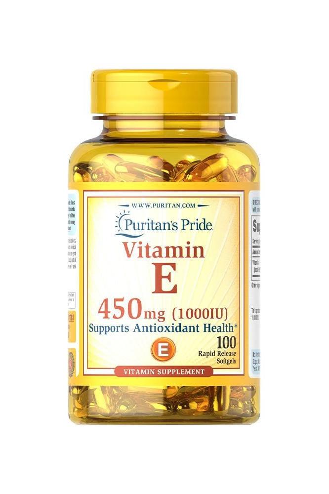 Puritan's Pride Vitamin E 1000 IU softgels, 100 count, supports skin and immune health, antioxidant supplement.
