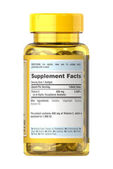 Puritan's Pride Vitamin E 1000 IU supplement bottle with 50 softgels, highlighting natural ingredients and health benefits.