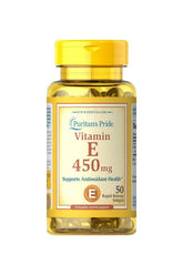 Puritan's Pride Vitamin E 450mg supplement bottle with 50 rapid release softgels for antioxidant health.