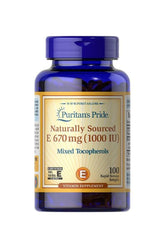 Puritan's Pride Vitamin E 1000 IU supplement bottle with mixed tocopherols, 100 softgels for antioxidant support.
