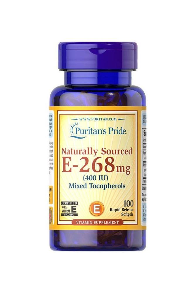 Puritan's Pride Vitamin E-400 IU Mixed Tocopherols in blue bottle, 100 softgels, powerful antioxidant supplement.