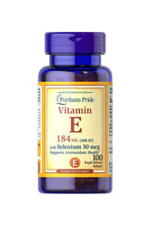Puritan's Pride Vitamin E 400 IU with Selenium 50 mcg, 100 rapid release softgels, supports antioxidant health.
